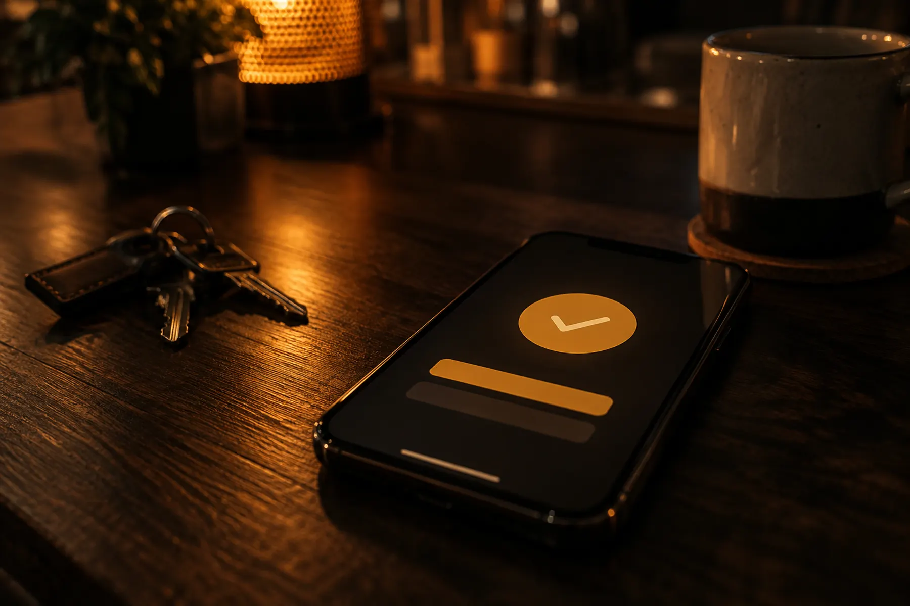 A phone on a shop counter at night showing a completed application